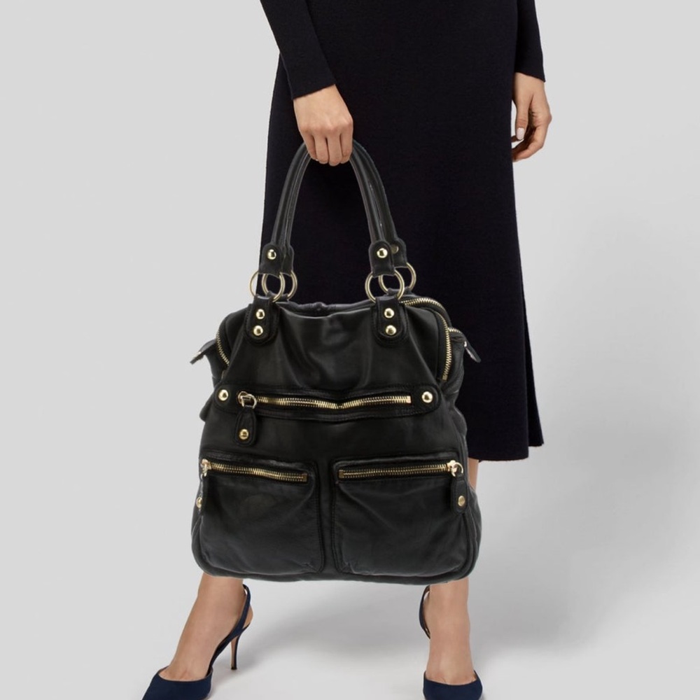 Linea Pelle Black Leather Tote with Brass toned Accents. Pockets! NWOT.